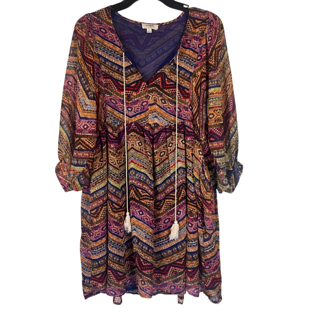 Umgee USA Boho Geometric Print Tassel V Neck Dress Size‎ S